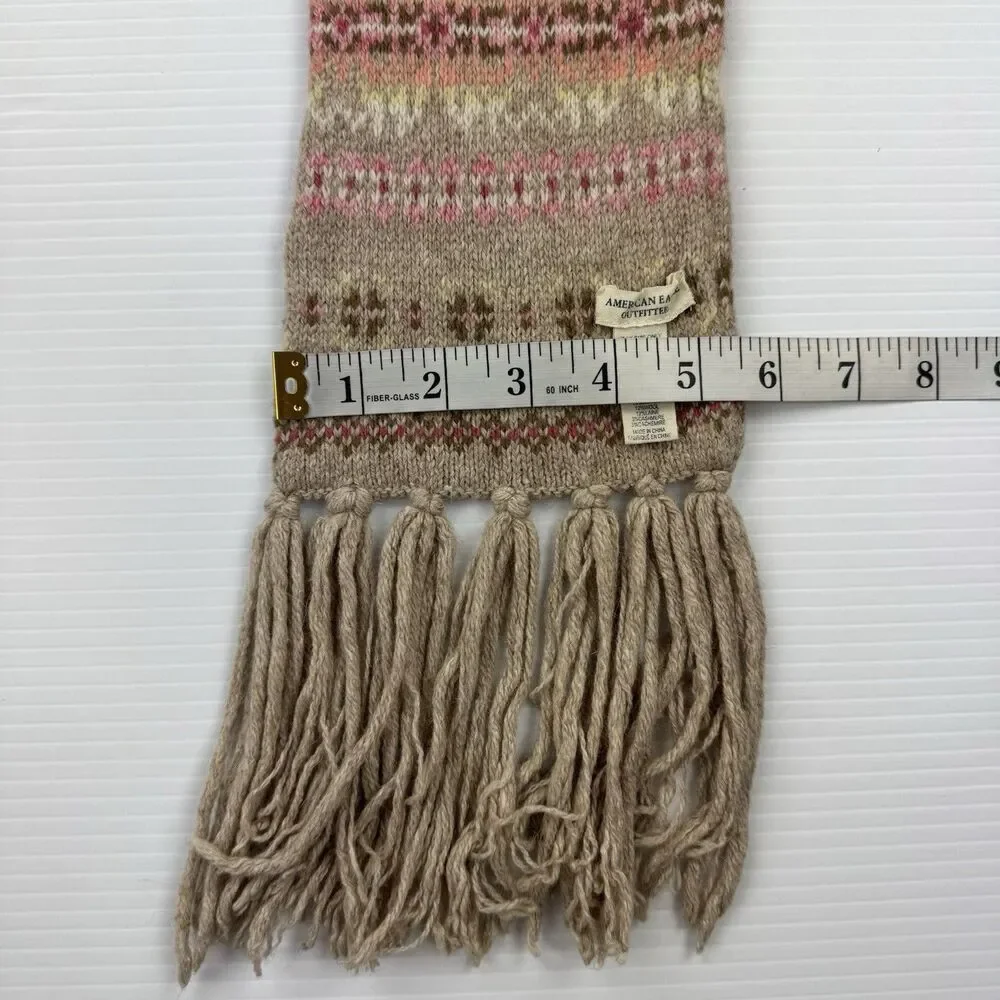 American Eagle Angora Cashmere Blend Fair Isle Fringe Scarf Beige Soft